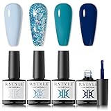 RSTYLE Esmaltes Pintauñas Semipermanentes, 4 Colores para uñasde Permanentes uñas Blanco Gel Soak Off UV LED Nail Art Manicura DIY Set Azul