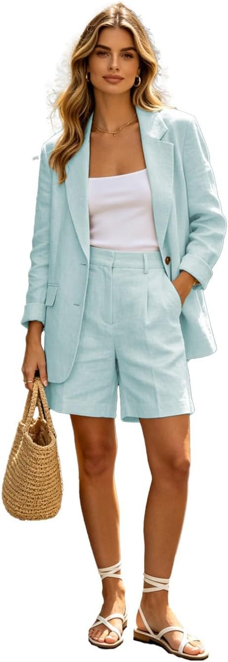 Womens 2 Piece Linen Blazer Short Pant Suit Set Open Front Summer Casual Outfits