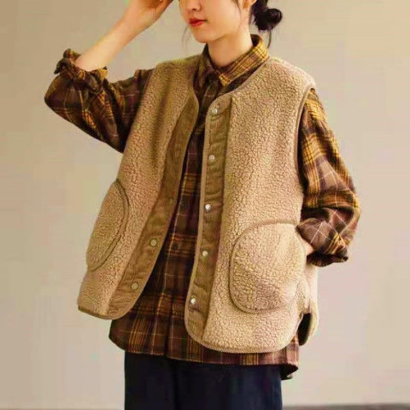 ベスト レディース 秋冬 女性両面着用ラムウール冬ルースノースリーブ暖かいコーデュロイのチョッキとポケット ノースリーブ アウター