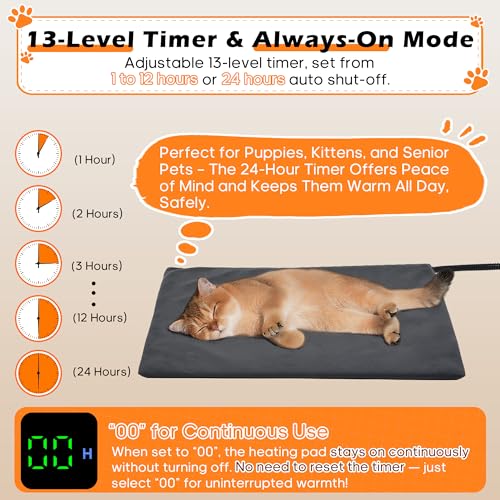 Angelpet Pet Heating Pad for Dogs & Cats L 45x70cm – 30℃~60℃ Adjustable Temperature & 14 Timer (0–12H/24H), Electric Heated Pet Mat with Auto Screen-Off, Chew-Resistant 1.8m Cord, 2 Washable Covers - Image 5