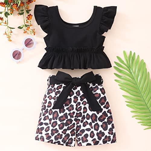 Nubeehoho Toddler Baby Girls Summer Outfits Set Kids Ruffle Sleeve T-Shirt And Leopard Shorts Pants Tracksuit Summer Clothes Set Size 2T/6685 #TOP1