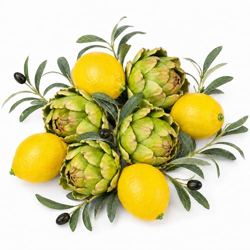 AORCMITN 11-Piece Artificial Artichoke Lemon Decor Set Table Bowl Filler with 4 Large Artichokes 4 Decorative Lemons 3 Bendable Olive Branches for Kitchen Counter Centerpiece Faux Decor