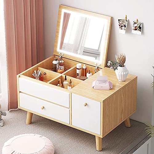 Schminktisch mit Aufklappbarem 3-Farben LED Beleuchtung, Frisierkommode mit 2 Schubladen und Schrank, Kosmetiktisch für Kleinen Raum, Schlafzimmer Kosmetikkommode Als Geschenk ( Color : Wood Color , S Cover