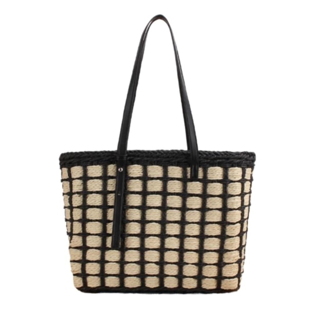 Bolso Mujer Bolso De Mano Paja para Mujer, Playa Tejido A Verano, Informal Paja Mano(Black)