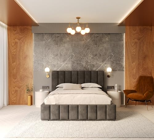 FDM Polsterbett mit Bettkasten 90x200 120x200 140x200 160x200 180x200 cm – Stauraumbett aus Velours, gepolstertes Kopfteil, Lattenrost & Metallrahmen, klappbar, Made IN EU (Grafit, 140x200)