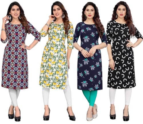 Image of JAKHANA Women's Crepe Printed Casual Straight Calf Length Round Nick Kurta Pack of 4
