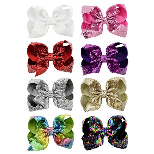 Angla Grosgrain 8 Inch Big Large Sequin Glitter Sparkly Hair Bow Clips Bowknot Hairbows Handmade Barrettes Hair Accessoriesfor Baby Girl Toddlers Kids Children Women 8 PACK