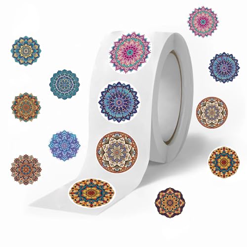 500PCS Mandala Floral Stickers Roll Vintage Boho Flower Pattern 1 Inch Round Waterproof Vinyl Labels for Scrapbooking Journal DIY Craft Water Bottle Laptops Gift Envelope Packaging Decor