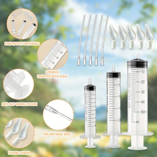 Vogelfutterspritzen-Set, 3 Stück, Baby-Vogel-Spritze, Futterspender mit Papageien-Futterröhre und Löffel, Messspritzen-Werkzeuge zum Füttern von Kleintieren, Kätzchen, Welpen (10ML 20ML 60ML B)