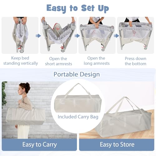 Image of BABY JOY 5-in-1 Pack and Play, Portable Baby Bedside Sleeper with Bassinet, U-Shaped Diaper Changer, Safety Strap, Side Zipper Entrance, Hangings, Bedside Crib Playard from Newborn to Toddlers (Beige)