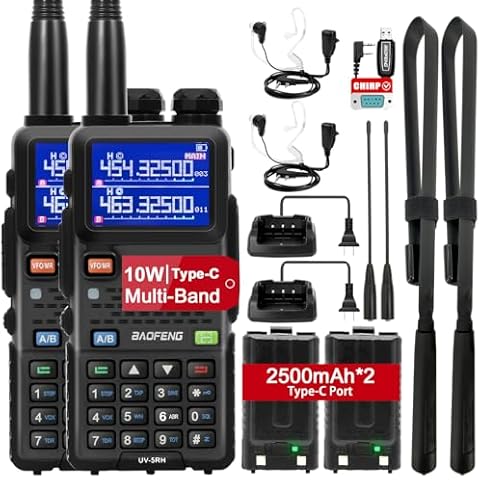 BAOFENG UV-5RM 10W Ham Radio, GMRS Handheld Radio Long Range with Tactical Antenna, Portable Two Way Walkie Talkie for Adults 5RM Multi-Band Radio with Air Duct Earpiece & 2500mAh Type-C Battery Cover