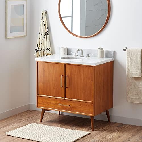 Signature Hardware 953363-36-UM-8 Novak 36" Freestanding Teak Single Basin Vanity Set with Cabinet, Vanity Top, and Oval Undermount Sink - 8" Faucet Holes - Teak/Carrara Marble