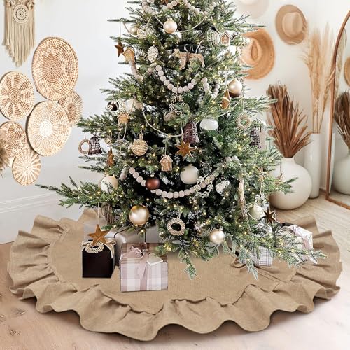 yuboo 36 inches Burlap Boho Tree Skirt, Small Fall Farmhouse Rustic Tree Skirt Mat Brown Christmas Thanksgiving Decorations Ornaments for Slim Pencil Tree & Artificial Christmas Trees