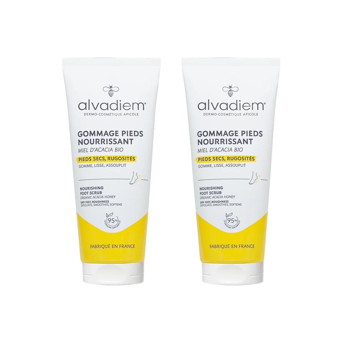 Alvadiem | Gommage Pieds Nourrissant Exfoliant Anti-Rugosités | Élimine Peaux Mortes, Corne, Callosités | Miel d'Acacia Bio, Noyaux d'Olive | 95% Naturel | Lot de 2 x 75 ml