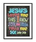Jesus Loves Me This I Know for the Bible Tells Me So, John 3:16, Vintage Verse Scripture Art Print, Unframed, Christian Children's Nursery Wall Decor Poster Gift, 8x10 Inches