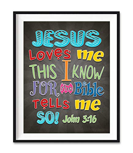 Jesus Loves Me This I Know for the Bible Tells Me So, John 3:16, Vintage Verse Scripture Art Print, Unframed, Christian Children's Nursery Wall Decor Poster Gift, 8x10 Inches