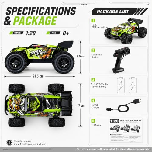 Image of RC Cars Monster Remote Control Car 2.4GHz 2WD Off-Road Power Dragon RC Truck 20 KM /H All-Terrain RC Monster Truck, 2 Batteries for 40mins Car Toys Gift for Beginner (Green