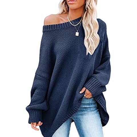 APOONABA Womens Sweater Ladies Jumpers Long Sleeve Knitted Pullover Oversize Crew Neck Solid Color Blue Cover