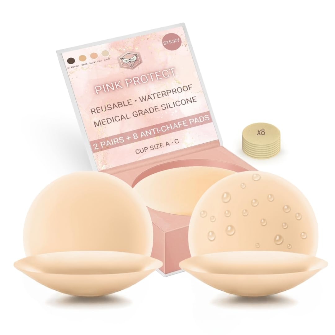 PINK PROTECT Reusable Silicone Nipple Covers – 2 Pairs + Anti-Chafe Pads – Invisible Pasties – Medical Grade, Sweatproof, Beige, One Size