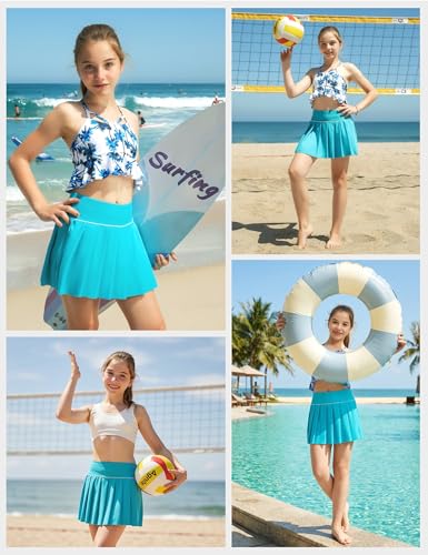Image of FitsT4 Sports Girls Swim Skirts with Pocket & Shorts UPF 50+ Swimming Bottom Kids Bathing Skort for Surfing Beach Volleyball
