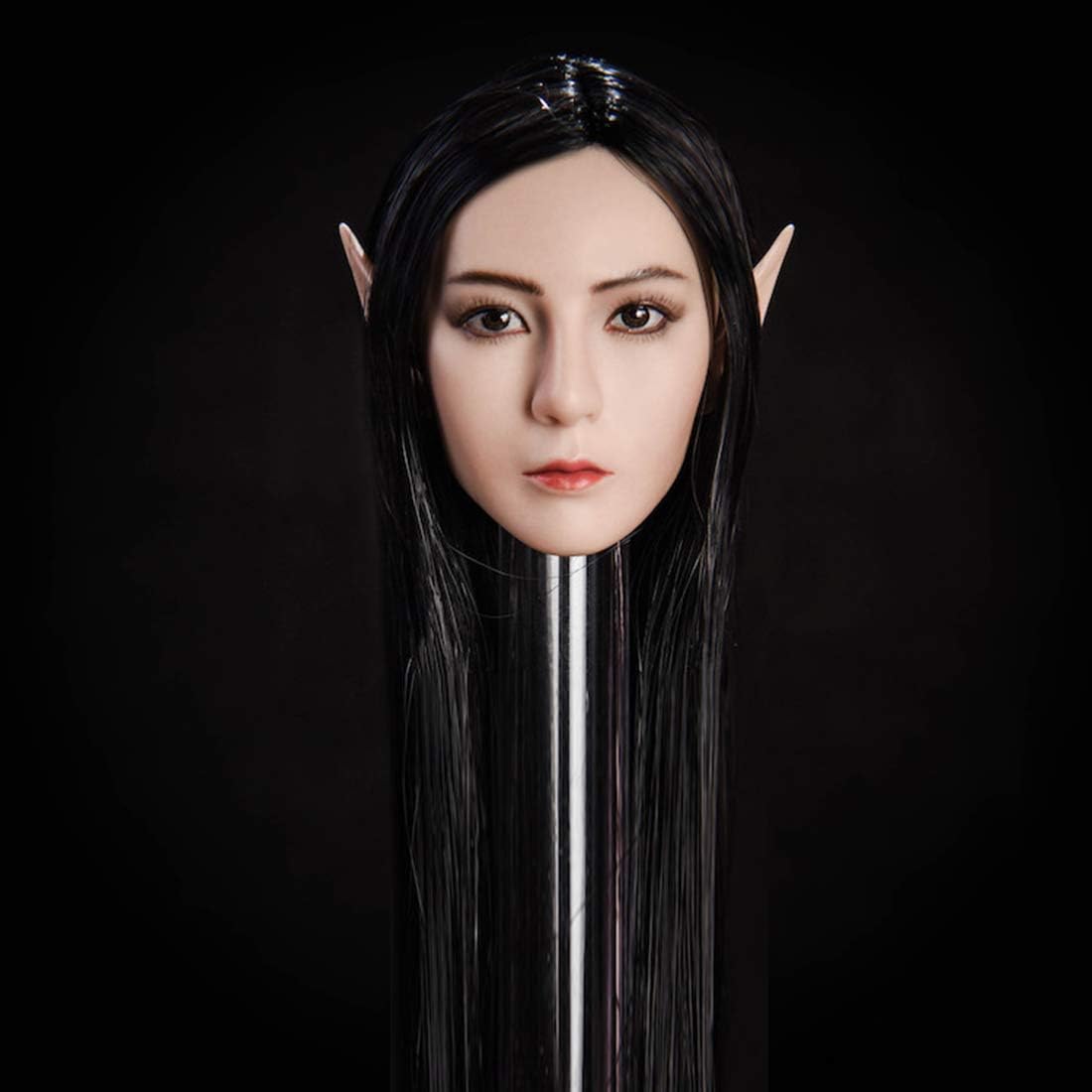 1/6 Scale Female Figure Head Sculpt with Replaceable Ears, Charming Girl Elf Doll Head for 12Inch Action Figure Body -Black Hair