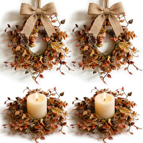 4 Pcs Mini Fall Candle Ring Wreaths Autumn Pinecones Mixed Foliage Artificial Pillar Candle Holder Wreath for Farmhouse Thanksgiving Harvest Porch Front Door Cabinets Table Decoration