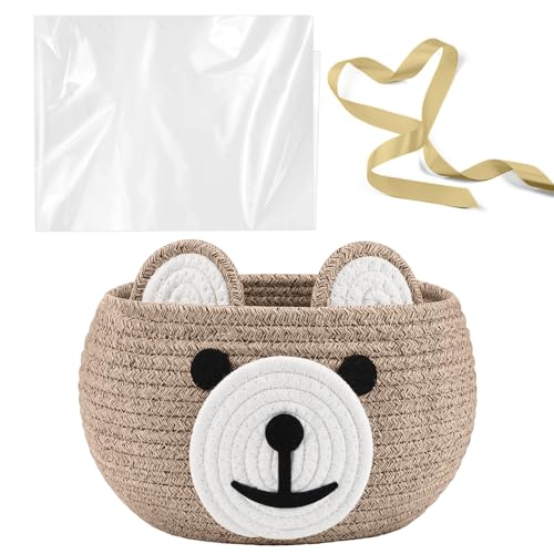 Zopeal Baby Basket for Nursery with Gift Bags and Ribbons Cotton Rope Woven Bear Gift Basket with Handles for Living Room Bathroom Storage Organizing Decoration, 10.5