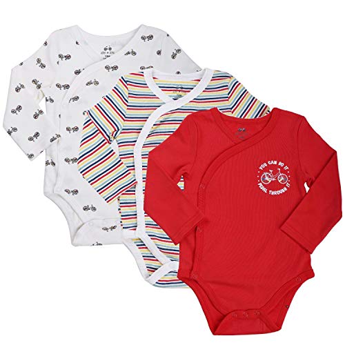 6M New Asher and Olivia Baby Boy's 3-Pack Long-Sleeve Kimono Bodysuit Set -Side Snap Onesie Infant Bundle Bicycles Red, White and Stripes, 3-6 Months, 6Mâ€¦