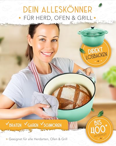 Gusseisen Topf Brot Backen emailliert im XXL Set - Brotbackform mit Deckel inkl Gärkorb, Schneebesen, Bäckermesser, Teigschaber, Brotschlinge etc. Perfektes Brotbacktopf Set für Anfänger