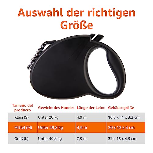 Amazon Basics Einziehbare Hundeleine, Länge 5 m, Größe M, Hunde bis 50 kg, Schwarz