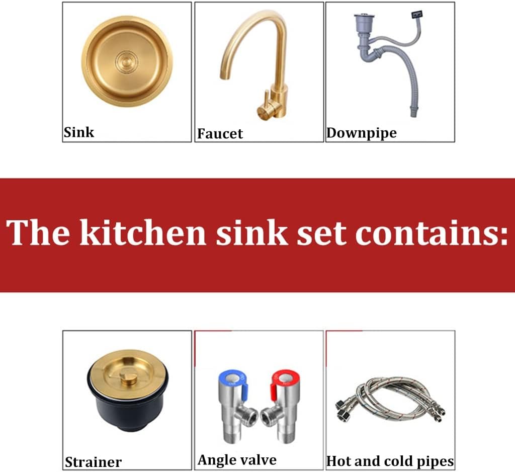 Home Décor 304 Stainless Steel Bar Sink Round Single Bowl Bar Prep RV Wet Kitchen Sink with Big Bend Faucet Set Drop in Or Undermount (Color : Gold, Size : 40x40x19cm)