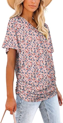 Image of WIHOLL Womens Summer T-Shirts Short Sleeve V Neck Dolman Tops with Side Shirring Loose Fit Shirts Spring Fashion