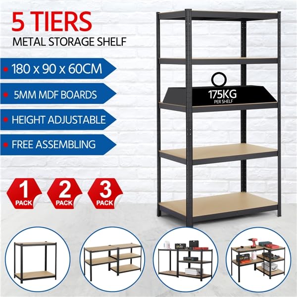 Yaheetech 180 x 90 x 60 cm Étagères Charge Lourde Clipsable Résistant Capacité 875 kg Meuble de Rangement Garage Cuisine Chambre Noir 180 x 90 x 60 cm