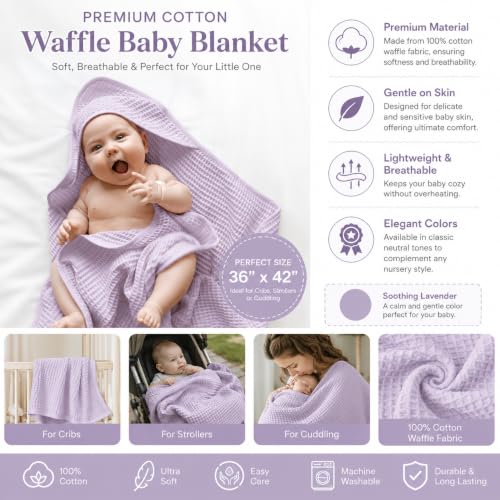 Image of Waffle Baby Blanket with Hood | 100% Cotton Muslin Baby Towel | Soft & Lightweight Newborn Swaddle Wrap (36x42 Inches, Light Purple)