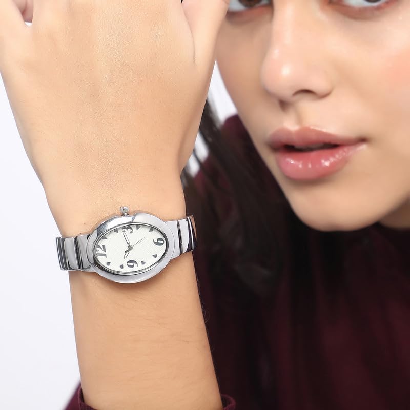Image of Haute Sauce Women's The Pantheonique Oval Watch | Metallic Silver Stainless Steel Strap | Metallic Silver Dial | One-Size | Foldover Closure | Quartz | Analogue | Wrist Belt Watch For Female And Girls