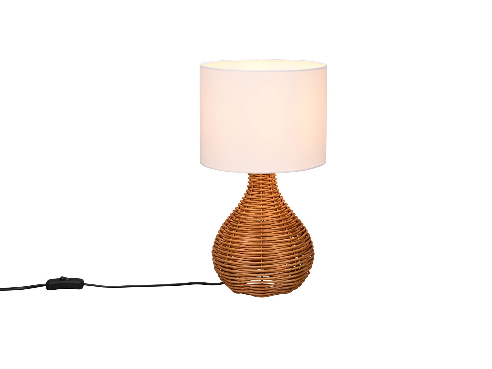 Große Tischlampe Rattan Natur Stoffschirm Weiß im Boho Stil, rund Ø 22cm