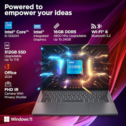 Image of Lenovo IdeaPad Slim 3, 13th Gen Intel Core i5-13420H, 16GB RAM, 512GB SSD, WUXGA IPS, 14 inch /36.8cm, Windows 11, Office Home 2024, Grey, 1.4Kg, Backlit Keyboard, 1Yr ADP Free, 83K00034IN, Laptop