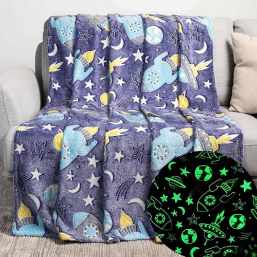 Famitile Glow in Dark Rocket Throw Blanket Space Spaceship Blankets Luminous Moon and Stars Gifts for Kids Toddler Boys Girls (Glow, 50"x 60")