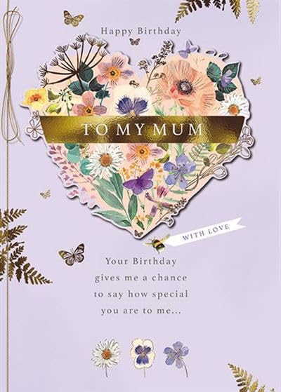 Mum Birthday Card - Floral Heart and Butterflies with Embossed Foil Finish and Embellishments - Eco-Friendly and Recyclable - by Paper House