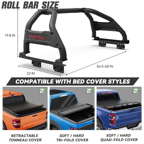 Image of Truck Bed Roll Bar Heavy Duty No-Drill Chase Rack Universal for Mid Size Pickup Tacoma Ranger Colorado Canyon Frontier, Multifunctional Cargo Protection Sport Bar with Light Mount Slots