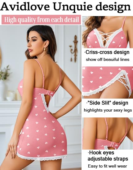 Avidlove Women Sexy Nightgown Lace Babydoll Chemises V-Neck Modal Sleepwear Full Slip Side Slit Sleep Dress XS-XXL: Small Pink Heart