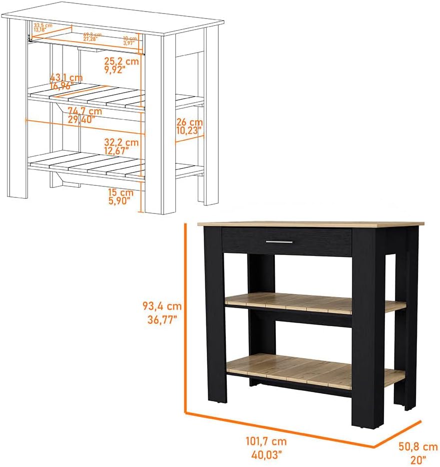 40 Kitchen Island with Engineered Wood, Spacious Front Drawer, Two Open Shelves, Kitchen Storage, Modern Design, Black, 20" D x 40" W x 36.7" H