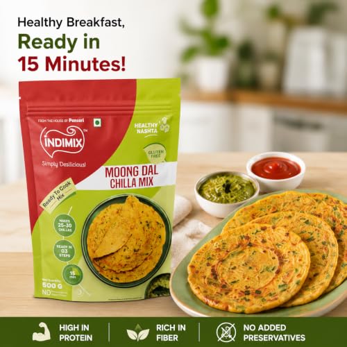 Image of INDIMIX Moong Dal Chilla Mix 500g | High-Protein Instant Breakfast, Multi Dal & Multigrain Chilla Powder, Ready in 3 Easy Steps, From the House of Pansari