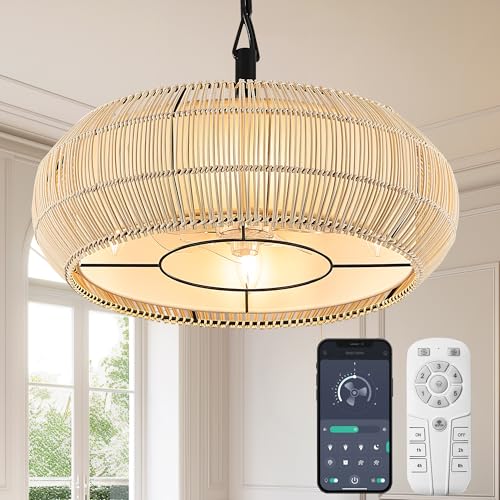 Image of HEMLDAN 20" Rattan Caged Ceiling Fan Light with Fabric Shade Boho Hand Woven Fandelier Chandelier for Dining Room Bedroom, Smart App/FCC Remote Control, Reversible Fan Italian Design (Rattan)
