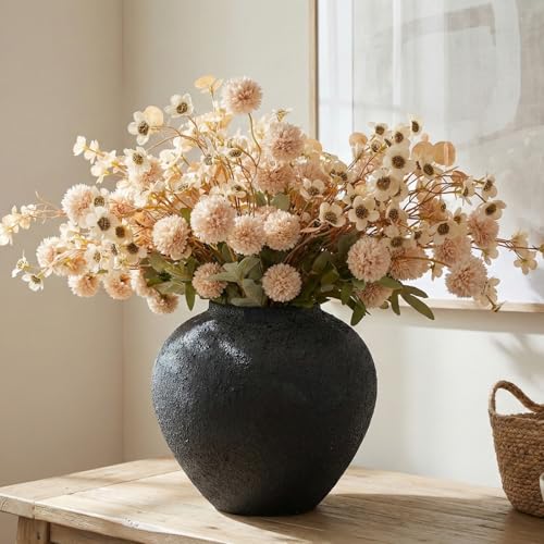 Beige Silk Flower Arrangements Home Decor, Large Floral Centerpieces For Tables, 22 Long Stems Fake Mums + Eucalyptus + Wild Flowers in Bulk, Artificial Flowers Coffee Dining Table, Faux Mums Flowers