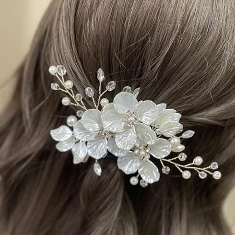 VMila Wedding Pearl Hair Comb Wedding Hair Comb Bridal Hair Accessories Pearl Flower Hair Accessories For Women Girls Wedding Hair Accessories (Gold Vine White Flower) Cover