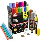 Buyzia Liquid Chalk Pens 6mm 21 Pack (16 Neon + 5 metallic Markers) for Non Porous Surfaces Reversible Tip