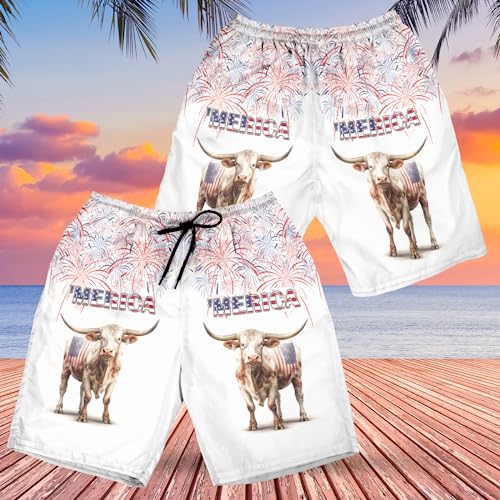 Men's Patriot Cow Swim Trunks - American Independence Day Quick-Dry Hawaiian Swim Shorts for Men Series 273