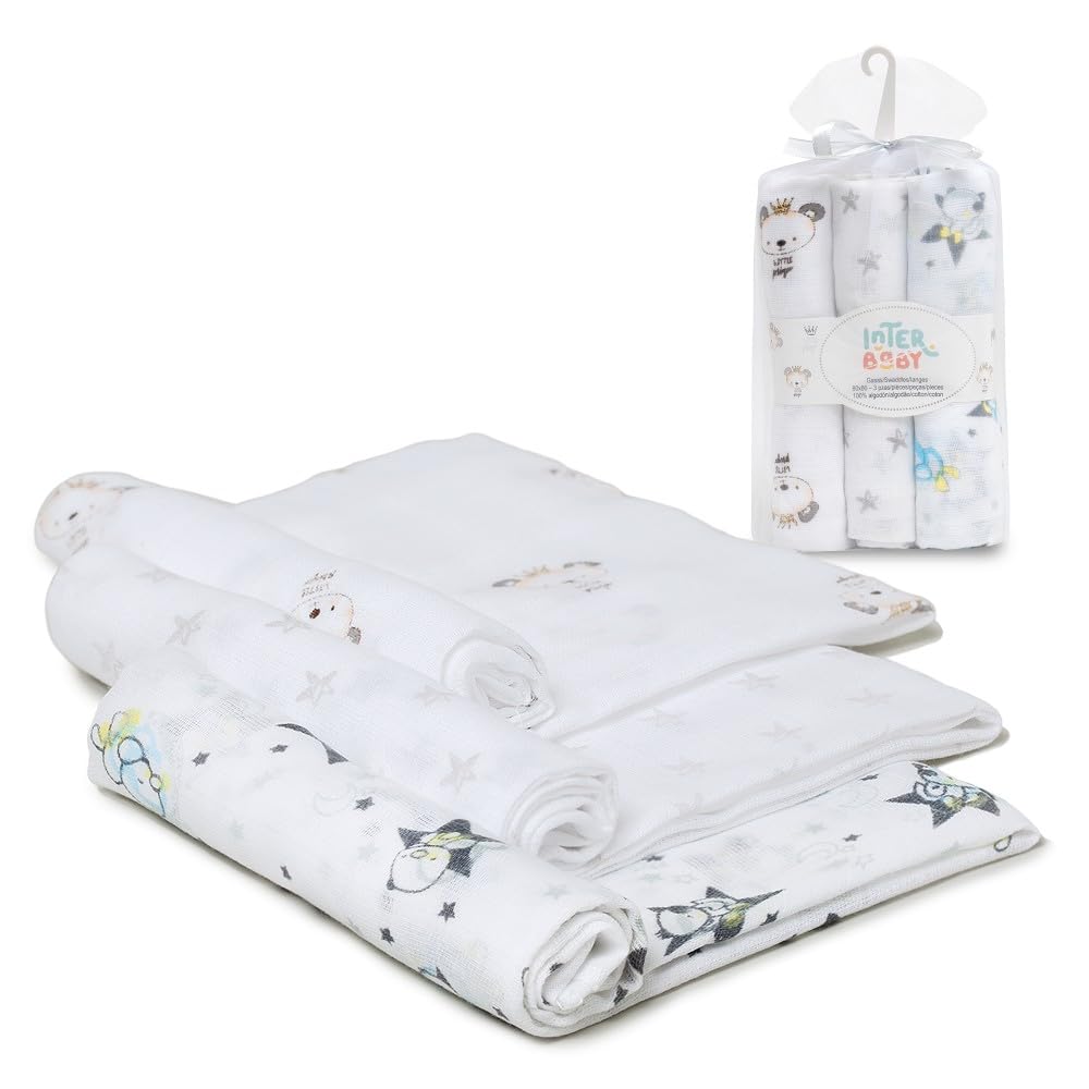 Interbaby Mussola Di Cotone Neonato Con Stampe Grigie 200 g