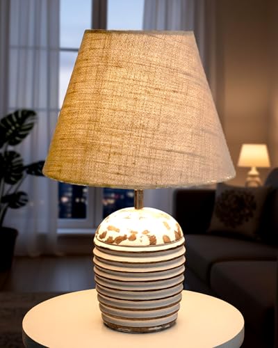 Image of Homesake Wooden Table Lamp for Bedroom | Bedside Lamp with Fabric Shade | E27 Holder with Bulb Included | Warm Light Night Lamp for Living Room, Study Table & Home Decor Jute Cone Shade